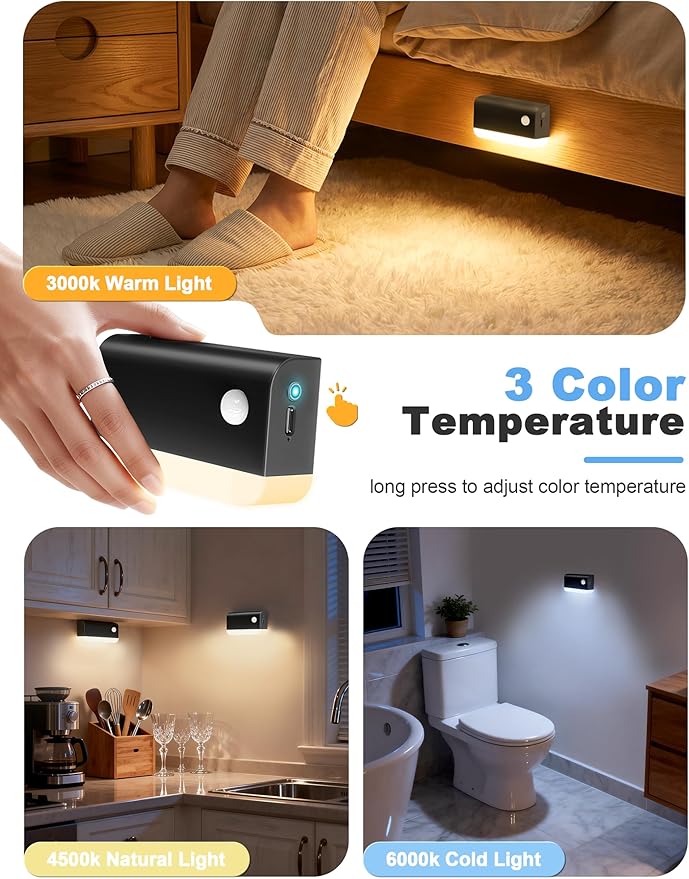 NIORSUN Motion Sensor Night Lights, 8 Pack Black Rechargeable 2-Mode Stair Lights Indoor with 3 CCT, 1200mAh Battery for 4-Month Runtime, Magnetic Wireless Nightlight for Hallway, Stairs, Bathroom