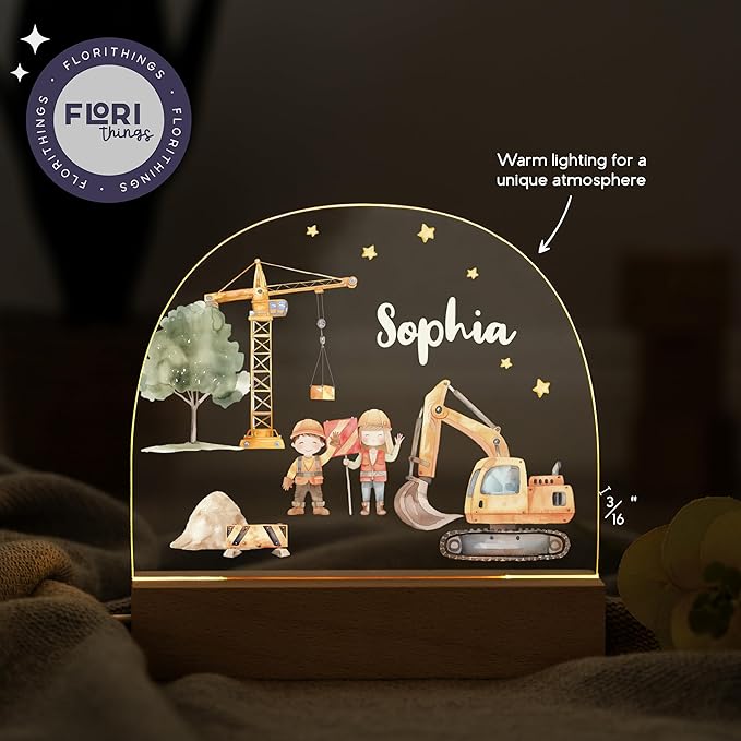 Personalized Baby Gifts for Boys/Newborn Night Light/Personalized Gift/Customized Name Light for Nursery Decor/Warm White Glow - Excavator