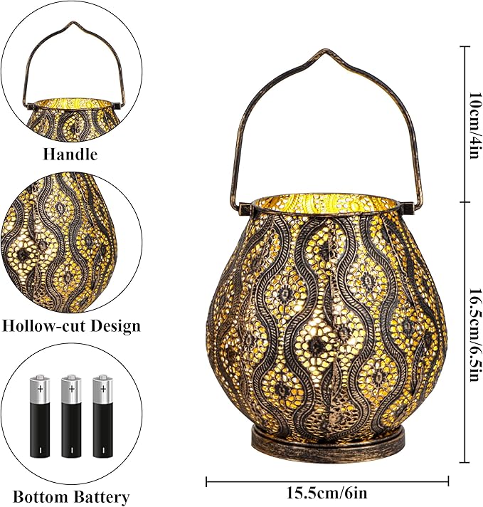 TRIROCKS Set of 2 Moroccan Decorative Lamps 8'' High Cordless Lamp Metal Table Lamps with Fairy Lights Bulb for Home Living Room Garden Yard Party Events Tabletop Indoor Outdoor(Black)
