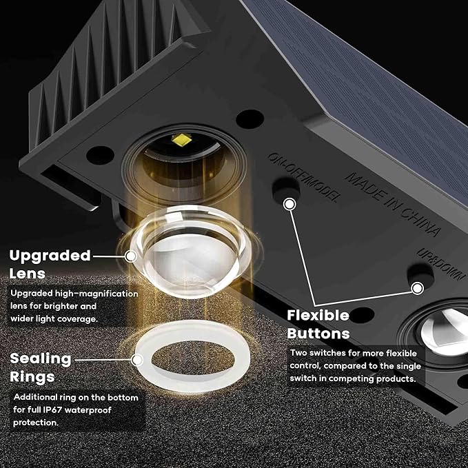 Fence Lights Solar Powered, 12-Pack Solar Fence Lights Up/Down Flexible Buttons, IP67 Waterproof for Outdoor, 100LM Bright, Auto Dusk to Dawn for Wall/Stairs/Yard/Railing/Deck/Pathway (Warm White)
