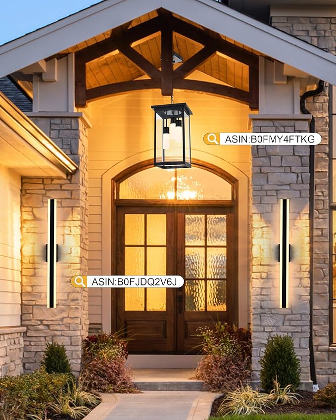 TODOLUZ Black Large 3-Light LED Outdoor Pendant Light with Frosted Coloum, Dimmable 5CCT Exterior Ceiling-Mount Porch Lighting for Foyer (3000K/3500K/4500K/5000K/6000K)