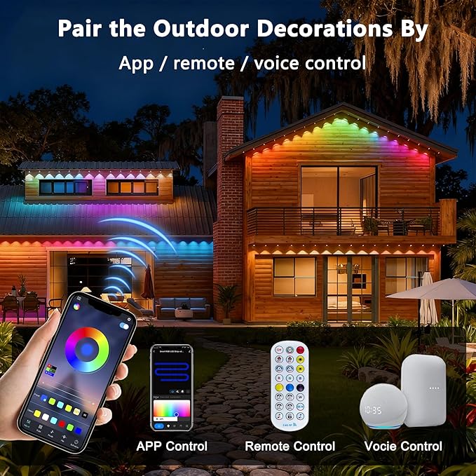 Permanent Outdoor Lights, 100ft with 60 RGB+IC LED Lights for House, 75 Scene Modes, IP68 Waterproof Eave lights Compatible with Alexa, Google Assistant for Halloween, Christmas, Outdoor Daily Decor