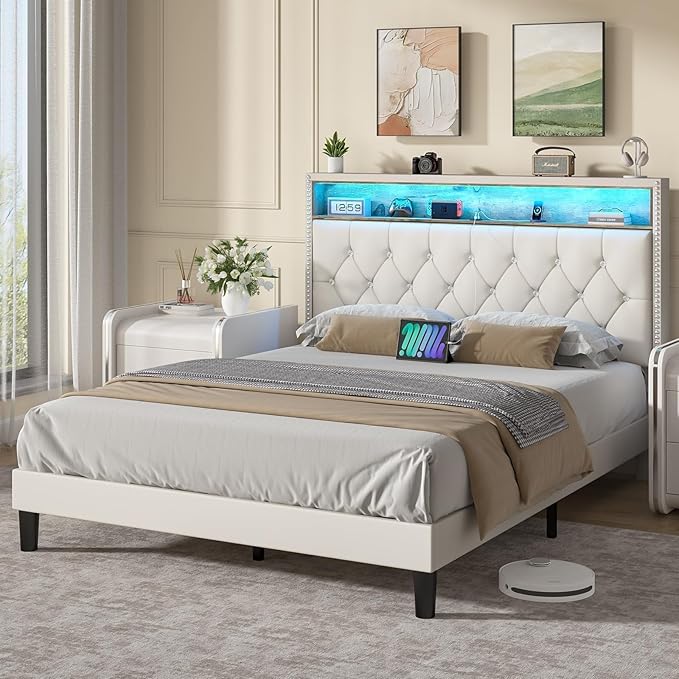 HOMBCK Full Size Bed Frame with LED Lights, Velvet Upholstered Bed Frame Full with Charging Station and Storage Headboard, Modern Diamond and Rivet Design, No Box Spring Needed, Easy Assembly, Beige