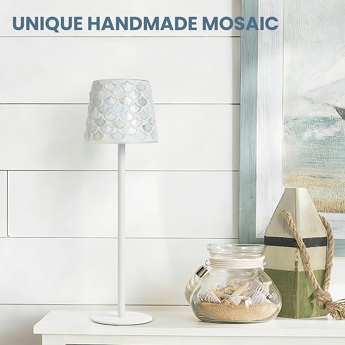 AELS Mosaic Rechargeable Lamps Cordless White Lamps Set of 2, 5200mAh Handmade Portable LED Touch Table Lamps, 3 Color Stepless Dimming Battery Powered Lamp, Wireless Lamp for Restaurant Bedroom