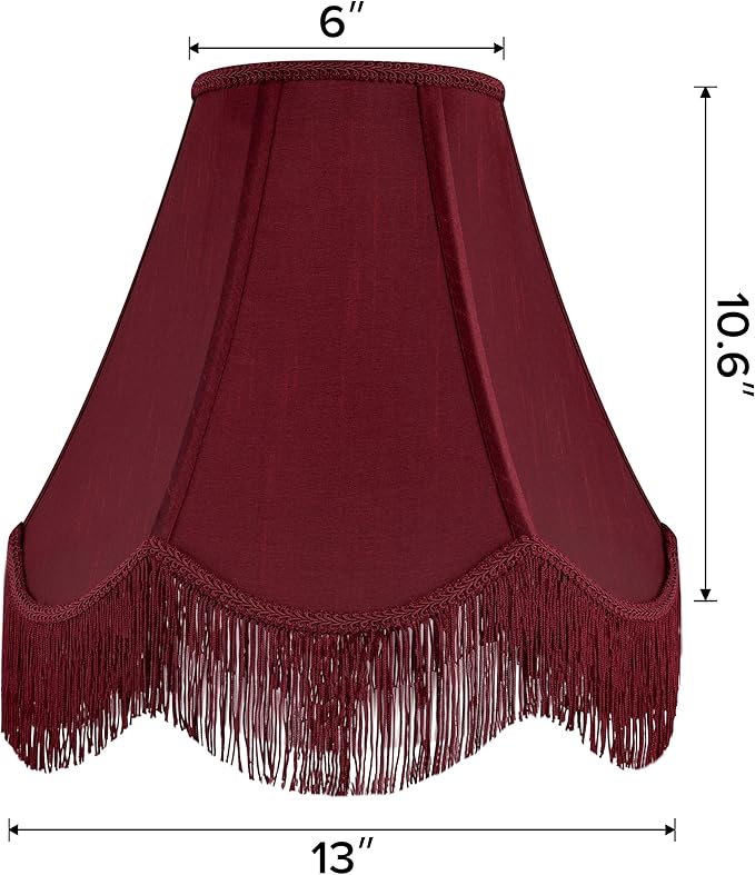 GO&SO Set of 2 Burgundy Silk Scalloped Lamp Shade, Petal Edge Braid with Burgundy Fringe Trim, 6"x13"x10.6"(Spider), Victorian Bell Lamp Shades, Replacement Shades for Table,Floor Lamps, Easy Assembly