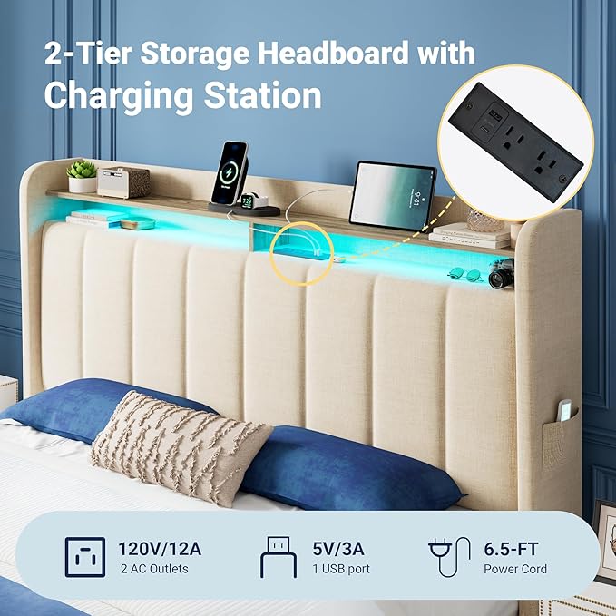 Allewie Vertical Tufted Queen Upholstered Platform Bed Frame with 2-Tier LED Storage Headboard & 2 Storage Drawers, USB & Type-C Charging Ports, Noise-Free/No Box Spring Needed, Beige