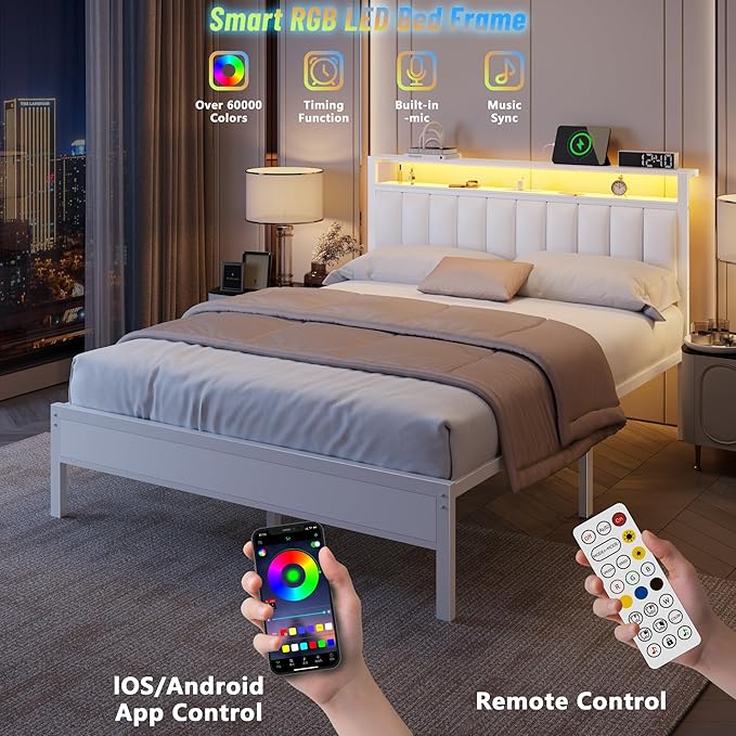 Furnulem White Queen Bed Frame with Charging Station & Led Lights, Pu Leather Upholstered Headboard W/ 2-Tier Storage Shelves, No Box Spring Needed, Metal Slat Support, Solid And Stable, Easy Assembly