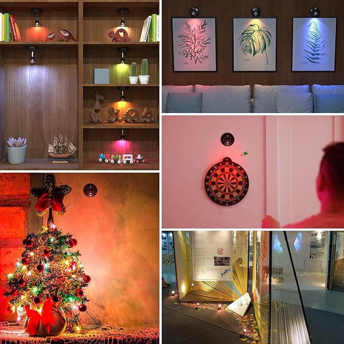 LED Battery Operated Spotlight RGBW Small Spot Lights Indoor with Remote Mini Wireless Accent Lights Stick Up Lighting Angle Adjustable w/Timer & Dimmer for Display Art Decor