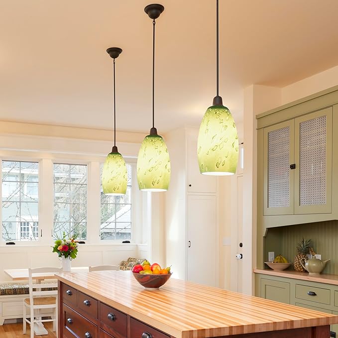 2 Pc Green-plant Oval Pendant Light Shades Only,GO&SO Hand Blown Glass Pendant Lamp Shade,Fitter 1.57 ",Height 7.8 ",Max Diameter 4 ",Stained Glass Pendant Lights Kitchen Island Replacement Lamp Shade