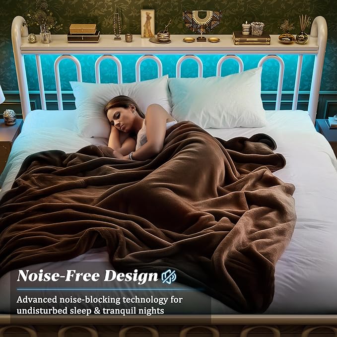 King Size Bed Frame Metal Platform Bed Frame/Victorian Headboard/LED Light/Sturdy Mattress Foundation with Under Bed Storage/No Box Spring Needed/Noise-Free/Easy Assembly, White