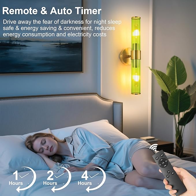 Gold Battery Operated Wall Sconces Set of 2, Rechargeable Wall Lights with Remote Control, 20 Inch Modern Wireless Wall Lamp for Bedroom, Living Room with Green Shade (Bulbs Included)