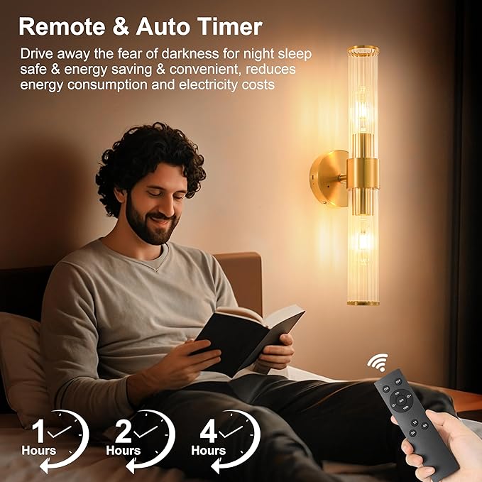 Gold Battery Operated Wall Sconces Set of Two, Rechargeable Wall Sconce with Dimmable Remote Control, 20 Inch Wireless Sconce Wall Light for Bedroom, Living Room (Bulbs Included)