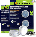 LUXPRO Waterproof Micro LED Puck Lights - Adhesive Lighting Ideal for Under Cabinets, in Tackle Boxes, or On Bookcases - Includes Batteries (Rechargable, 4 Pack)