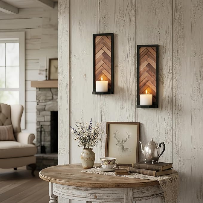 Herringbone Wood Candle Sconces, Set of 2 Wall-Mounted Pillar Candle Holders, Antique Classical Wooden Candleholder for Farmhouse, Living Room, Bedroom, Rustic Home Decor