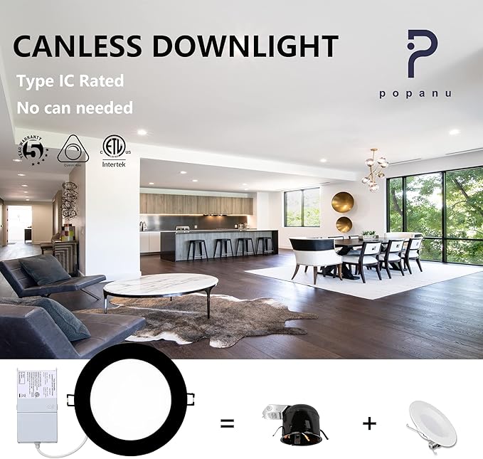 Premium LED-Canless Recessed Lighting 6-inch Ultra-Thin 5 CCT Adjustable Ceilling Light with Junction Box, 12W Color Temperature Selectable Downlight, 2700-5000K Dimmable, 6 Pack, Black