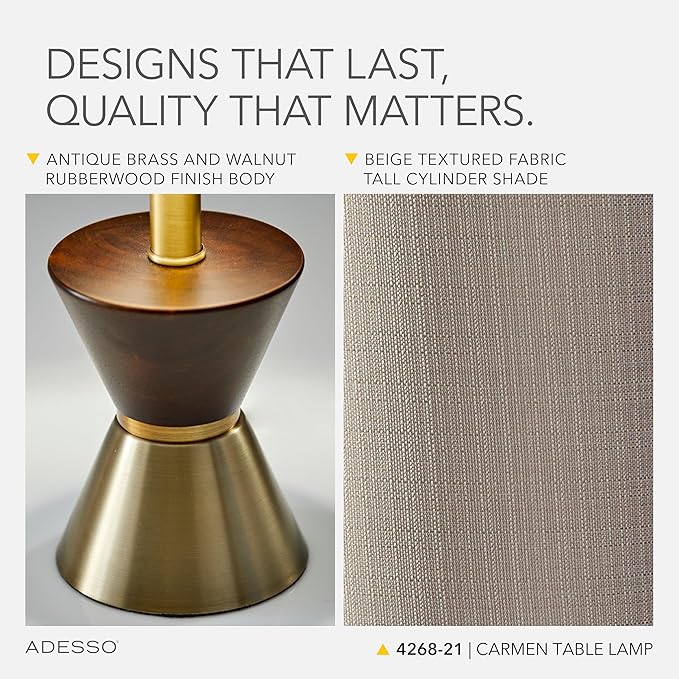Adesso Table Lamp with Antique Bronze and Walnut Base, Beige Fabric Lampshade – 3-Way Adjustable Brightness, Bedside Table, Home Office Lighting or Living Room Decor, 23” x 8”