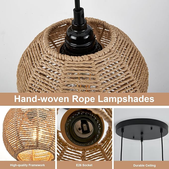 Round 3 Light Boho Pendant Light Rattan Hanging Lamp Hand Woven Wicker Small Chandelier Hanging Lights Fixture for Bedroom Kitchen Hallway Foyer