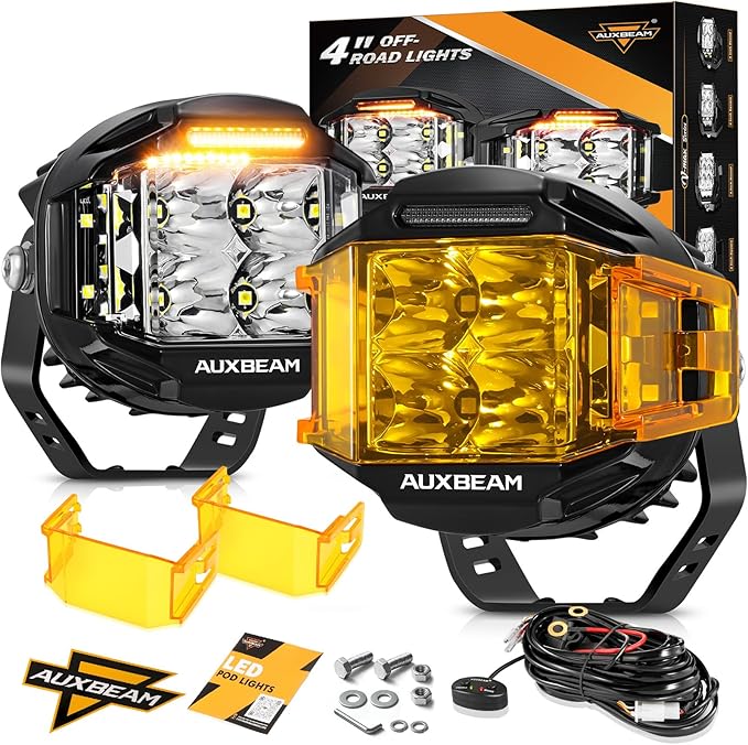 Auxbeam 4 Inch V-MAX Series LED Pods with Side Shooter, 92W Round Offroad Driving Lights with Amber DRL, Super Bright 270° Wide Range Spot Flood Combo Light Bar Auxiliary Light with Wiring Harness Kit