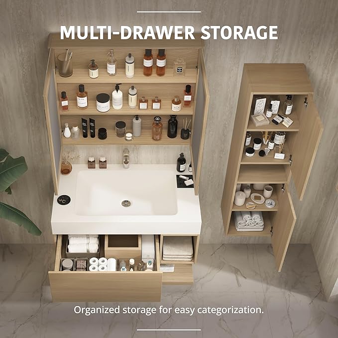 36" Modern Floating Bathroom Vanity Set with Sink, Side Cabinet, LED Smart Mirror Cabinet, Soft-Close Drawer & Open Storage Shelves, Light Oak