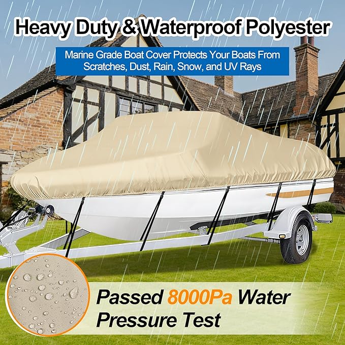 iCOVER Trailerable Boat Cover- 17'-19' Heavy Duty Waterproof Tarp Covers with Storage Bag, Fits V-Hull, Fish&Ski, Pro-Style, Fishing, Runabout, Bass Boats, up to 17ft-19ft Long X 96" Wide