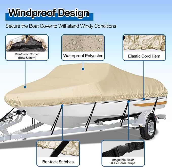 iCOVER Trailerable Boat Cover- 14'-16' Heavy Duty Waterproof Tarp Covers, Fits V-Hull, Fish&Ski, Pro-Style, Fishing, Runabout, Bass Boats, up to 14ft-16ft Long X 90" Wide
