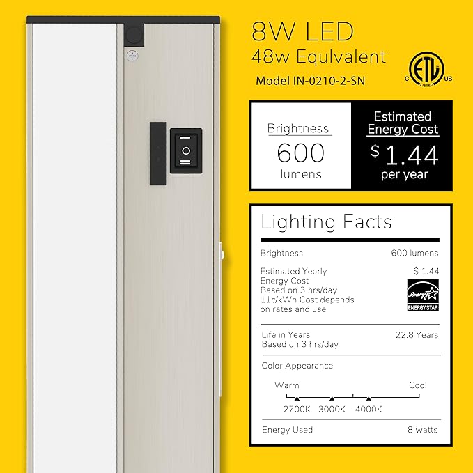 GETINLIGHT 18-inch 3 Color Levels LED Under Cabinet Lighting, Hardwired or Plugged-in, Selectable White 2700K/3000K/4000K, Dimmable, Brushed Nickel Finished, IN-0210-2-SN