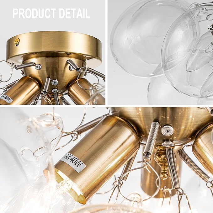Semi Flush Mount Chandelier Gold Close to Ceiling Light Fixtures Modern Bubble Ball Glass Chandelier Mid Century Ceiling Pendant Light 17.72in 13 Globe for Bedroom Foyer Living Room Kitchen Island