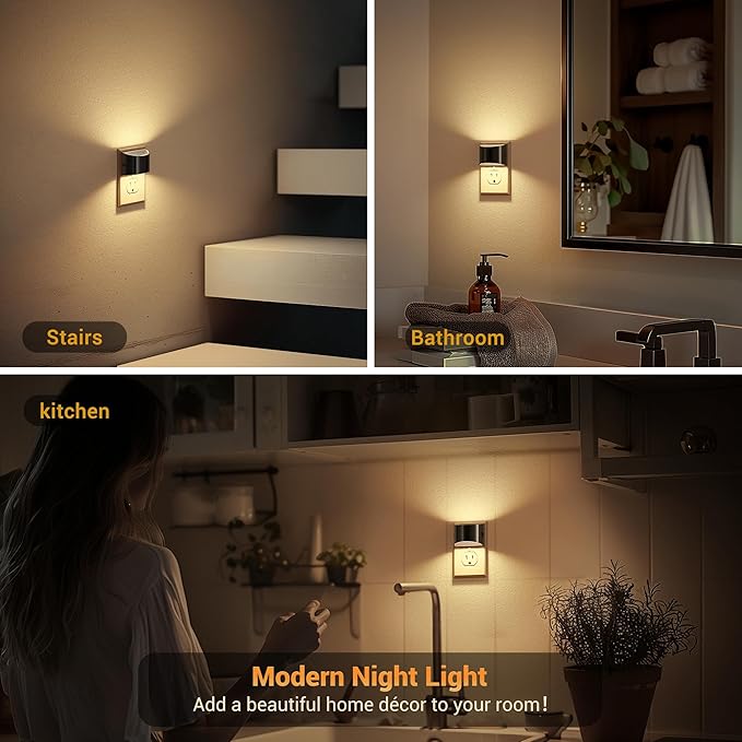 JandCase LED Night Lights Plug into Wall, 2 Pack Black Modern Night Lights, Dusk to Dawn Sensor Nightlight,0-100LM Brightness Adjustable, 3000K Soft White