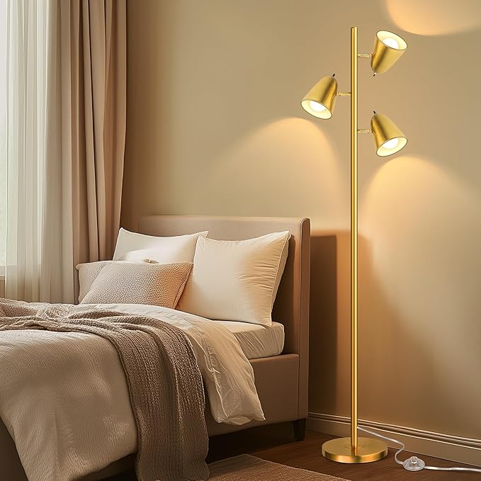 QiMH Tree Floor Lamp with 3 Light Bulbs, Standing Tall Pole Lamps for Living Room Bedroom Office, Reading Stand up Lamps with 3 Adjustable Arms, Brushed Gold
