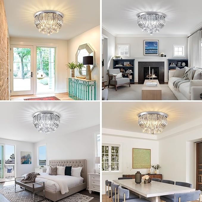 Modern Crystal Chandelier 15.7 Inch,5-Lights Chrome Crystal Flush Mount LED K9 Chandeliers Light Fixture for Bedroom Dining Living Room Hallway E12