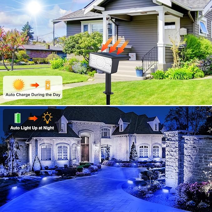 T-SUN Blue Solar Spot Lights Outdoor 4 Pack, 49 LED 2 Lighting Modes, IP65 Waterproof Landscape Spotlights, 2 in 1 Auto On/Off Solar Lights for Yard, Garden, Driveway, Pathway