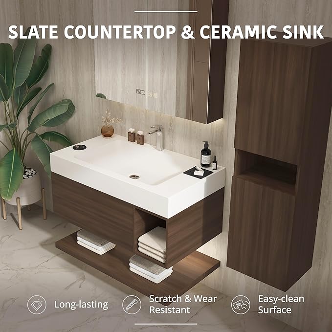 42" Modern Floating Bathroom Vanity Set with Sink, Side Cabinet, LED Smart Mirror Cabinet, Soft-Close Drawer & Open Storage Shelves, Walnut