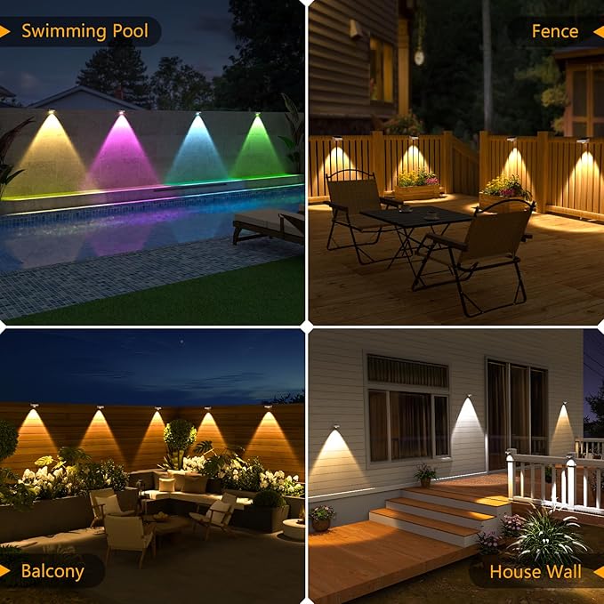 NIORSUN Solar Fence Lights Outdoor Waterproof,Warm & Cool White RGB，8 Pack LED Spot Lens Deck Lights 9 Mode，Solar Powered Wall Lighting Decor for Outside Patio Step Backyard Railing Pool White