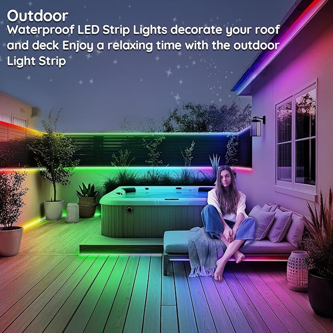 300ft Outdoor LED Strip Lights Waterproof,IP68 Outside Led Light Strips Waterproof with App and Remote,Music Sync RGB Exterior Led Rope Lights with Self Adhesive Back for Roof,Deck