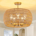 Rattan Ceiling Light Fixture, 5-Light Boho Semi Flush Mount Ceiling Light, 20" Wicker Light Fixture with Handmade Woven Cage Lampshade, Rattan Chandelier for Bedroom Hallway Nursery Kitchen Farmhouse
