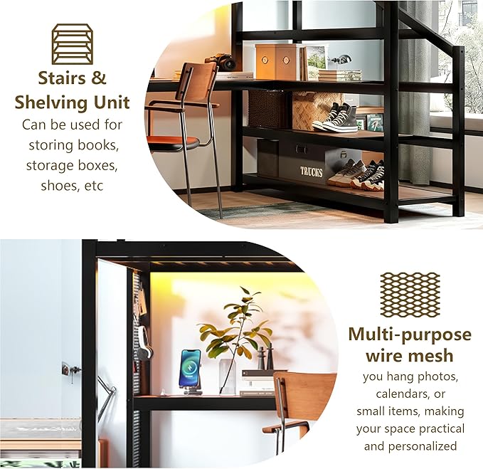 Bellemave Queen Loft Bed with Desk & Storage Stairs, Metal Queen Size Loft Bed Frame with Iron Nets, LED Lights & USB Ports, Heavy Duty Adult LoftBed for Bedroom, Noise-Free, Black