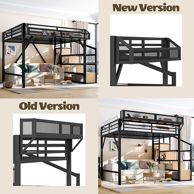 Bellemave Loft Bed Full Size with Storage Stairs, Beside Shelf & Wardrobe, Metal Full Size Loft Bed with USB Ports & LED Light, Large Under-Bed Space Loft Beds for Adults, Teens, Kids, Black Natural