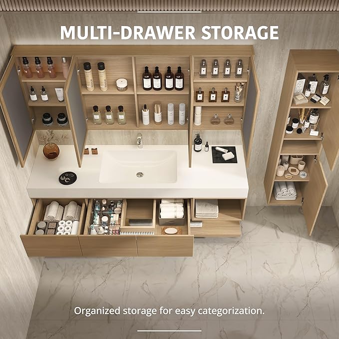 84" Modern Floating Bathroom Vanity Set with Sink, Side Cabinet, LED Smart Mirror Cabinet, 3 Soft-Close Drawers & Open Storage Shelves, Light Oak