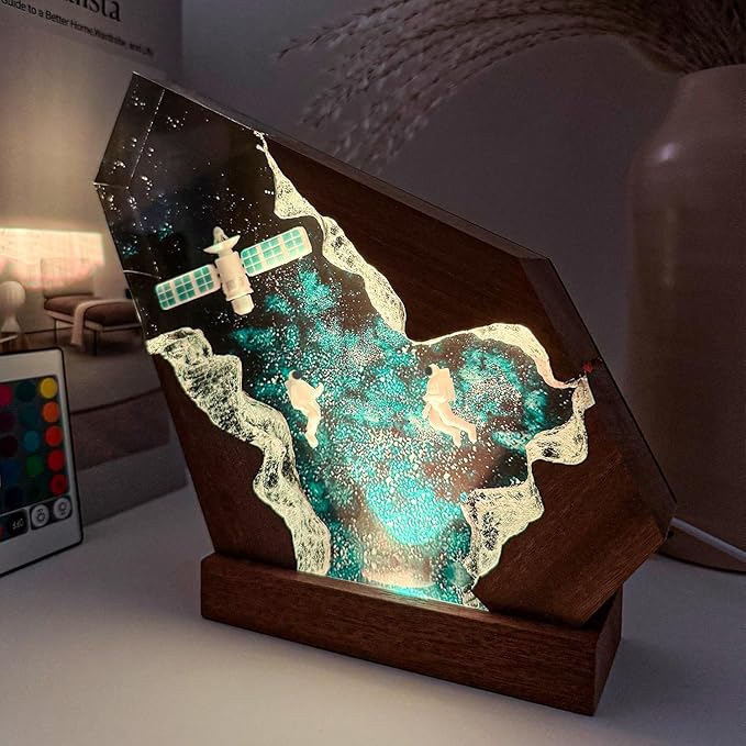 Space Resin Lamp - Handmade Galaxy Resin Night Light with USB Port, Variable Lights, Space Gifts for Adults, Astronaut Enthusiast Collectibles, Unique Birthday Gifts for Him & Her (8"x5")