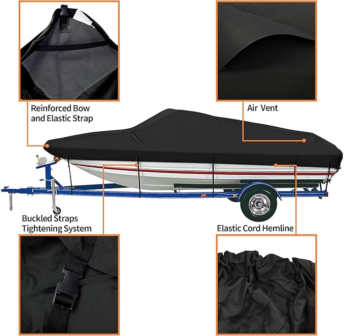 iCOVER Trailerable Boat Cover- 16'-18.5' 800D Water Proof Heavy Duty, Fits V-Hull, Fish&Ski, Pro-Style, Fishing, Utiltiy, Runabout, Bass Boats, up to 16ft-18.5ft Long X 94" Wide