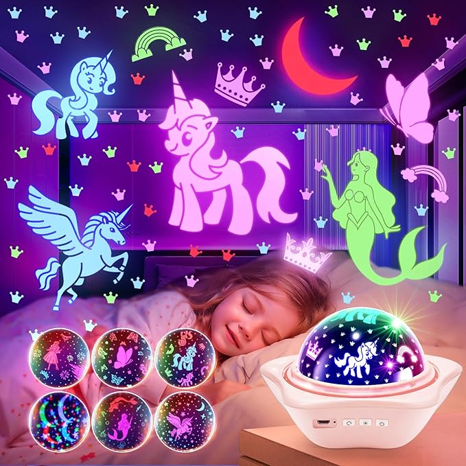 Onefire Girls Toys for Girl Gifts, 6 Films Light Projector Unicorn Toys for Girls Age 4-6, Rechargeable Night Lights for Bedroom, 360° Rotating Butterfly Decor Mermaid Gifts Princess Baby Toddler Toys