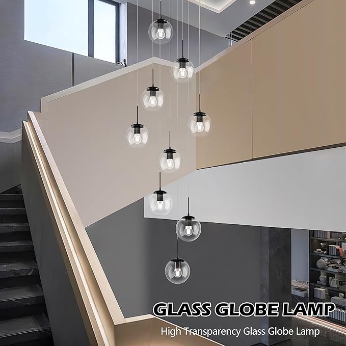 KoKo&Yukina 9-Light Globe Glass Pendant Light Adjustable Length Pendant Lights Fixtures Modern Black Clear Globe Glass Chandelier High Ceiling Lights Fixtures for Foyer Staircase (Bulb & Remote Incl)