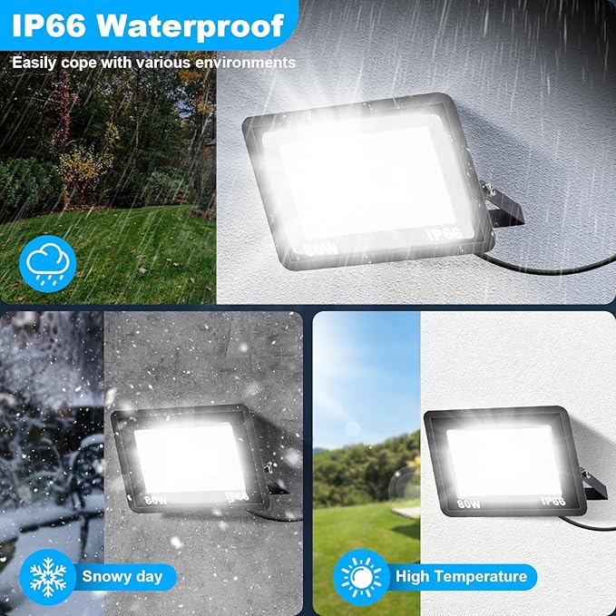 80W LED Flood Light with Plug, 9600Lm Super Brighter Security Lights with 6ft Wire, 5000K Daylight White IP66 Waterproof Outdoor Work Light Floodlight for Yard Stadium Garden, 2 Pack