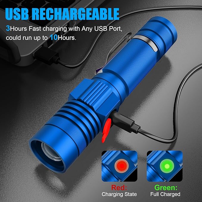Hoxida Flashlight USB Rechargeable, Magnetic LED Flashlight, Super Bright LED Tactical Flashlight with Cob Sidelight, Waterproof, Zoomable Best Small LED Flashlight for Camping, Emergency - Blue