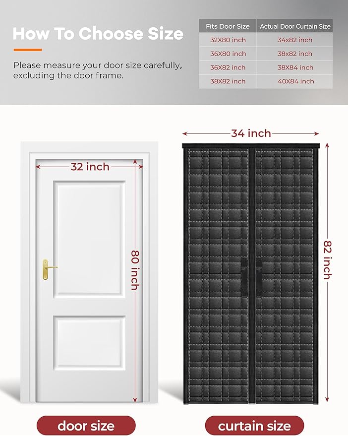 Thermal Door Curtain, Fit Size up to 32 x 80 Inches, Magnetic Insulated Door Curtains for Doorway/Front/Back/Basement, Oxford Cover with Thick Cotton to Keep Warm Winter, Black, Rectangle