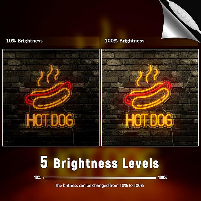 Hot Dog Neon Sign LED Light for Wall Decor, Hot Dog Shop, Restaurant, Man Cave, 13.8x10.6 inches, Red and Yellow, Acrylic
