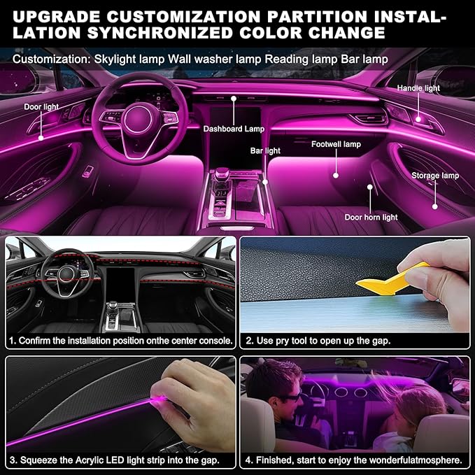 Acrylic Interior Car LED Strip Light with Wireless APP, RGB 6 in 1 with 175 inches 612 LEDs Fiber Optic Car Ambient Lighting Kits, Dynamic Music Sync Neon LED Strip Lights for Car