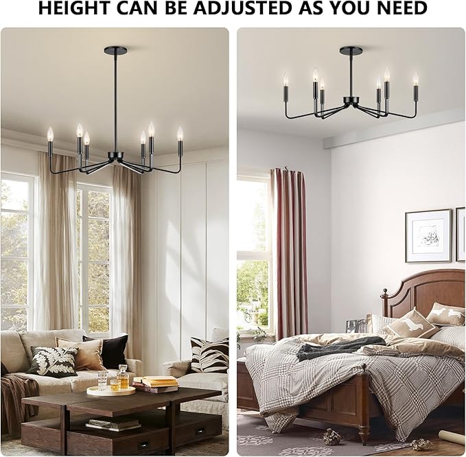 Black Chandelier for Dining Room, 6-Light Farmhouse Kitchen Light Fixtures Over Table, 26" Rustic Candle Chandelier for Bedroom, Foyer, Hall, Living Room, Entryway