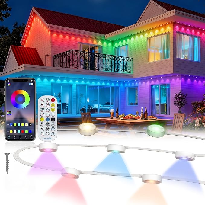 Permanent Outdoor Lights, 100ft with 60 RGB+IC LED Lights for House, 75 Scene Modes, IP68 Waterproof Eave lights Compatible with Alexa, Google Assistant for Halloween, Christmas, Outdoor Daily Decor