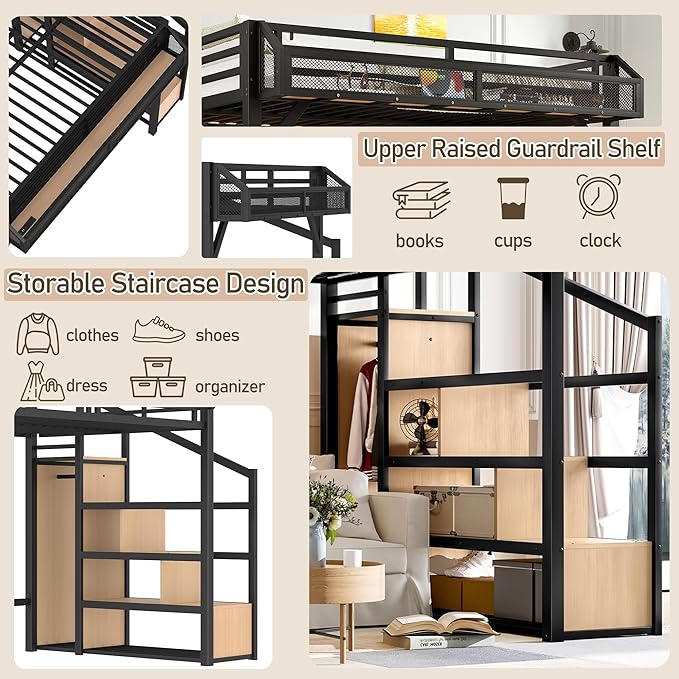 Bellemave Loft Bed Full Size with Storage Stairs, Beside Shelf & Wardrobe, Metal Full Size Loft Bed with USB Ports & LED Light, Large Under-Bed Space Loft Beds for Adults, Teens, Kids, Black Natural